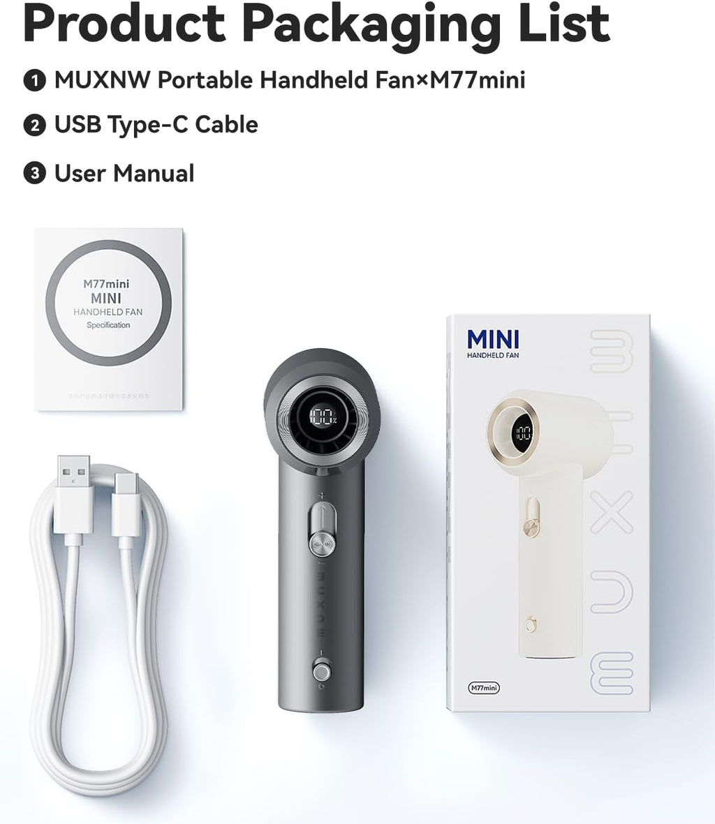 MUXNW Portable Fan - Mini Handheld Rechargeable USB Fan for Travel | High-Speed Cooling in Gray