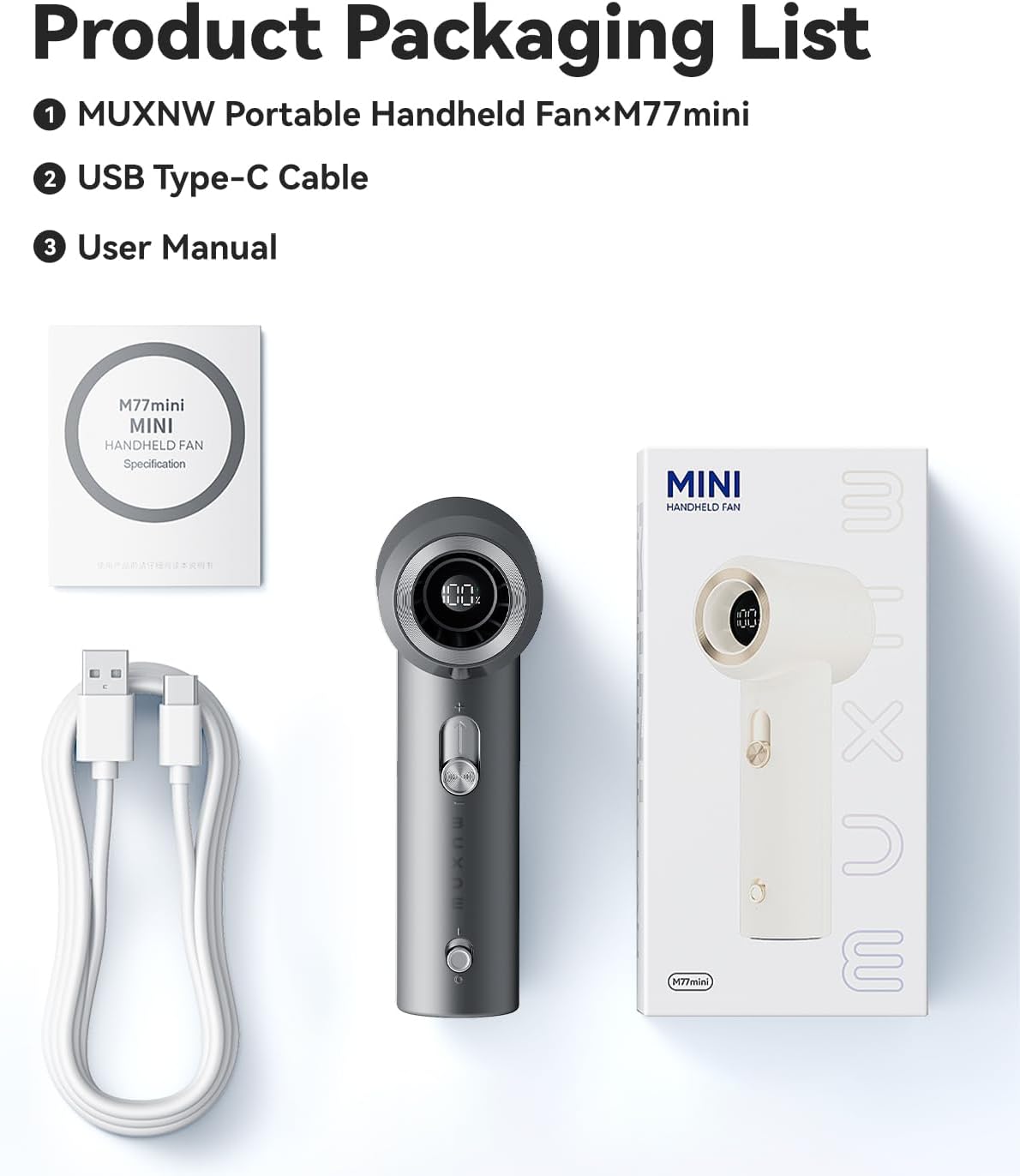 MUXNW Portable Fan - Mini Handheld Rechargeable USB Fan for Travel | High-Speed Cooling in Gray