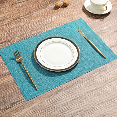 Woven Vinyl Placemats Set of 4, Heat Resistant Non-Slip Table Mats - Teal Blue