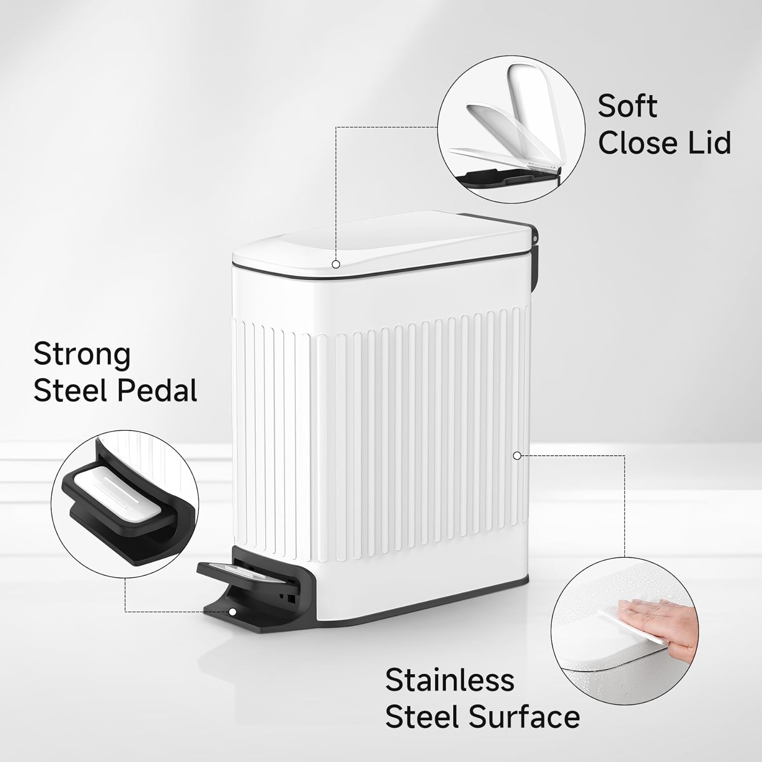 TIPGO Slim Bathroom Trash Can - Soft Close Lid & Step Pedal - 6 Liter Stainless Steel Bin (White)