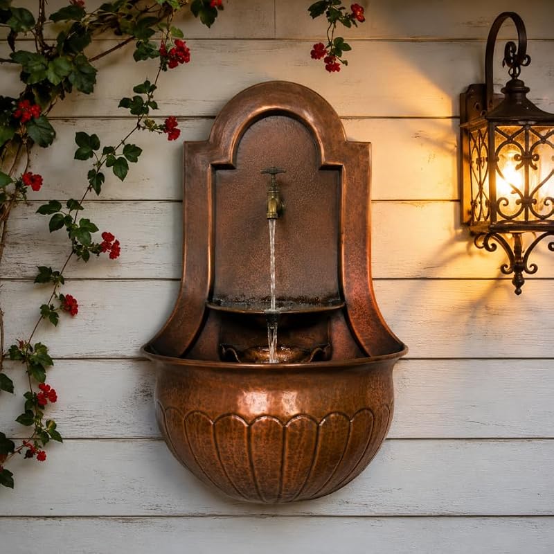 Handcrafted 16-Gauge Pure Copper Wall Fountain - Antique Hammered Water Feature