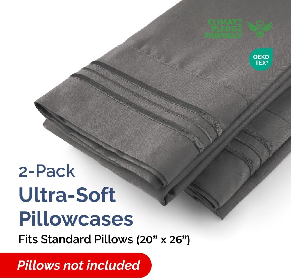 Skiennix Standard Pillow Cases Set of 2 - Ultra-Soft Hotel Quality - Wrinkle-Free & Stain Resistant - Charcoal