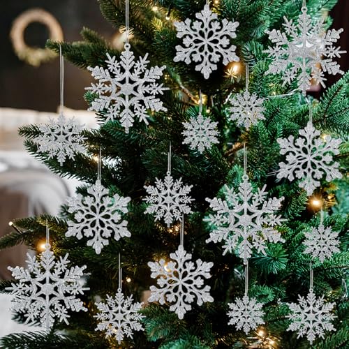 Eokeanon 48-pc Glitter Snowflake Ornaments Set - 2 Styles, 3 Sizes, Silver, Includes 36pcs Size Varies (36pcs Silver variant) Christmas Decorations