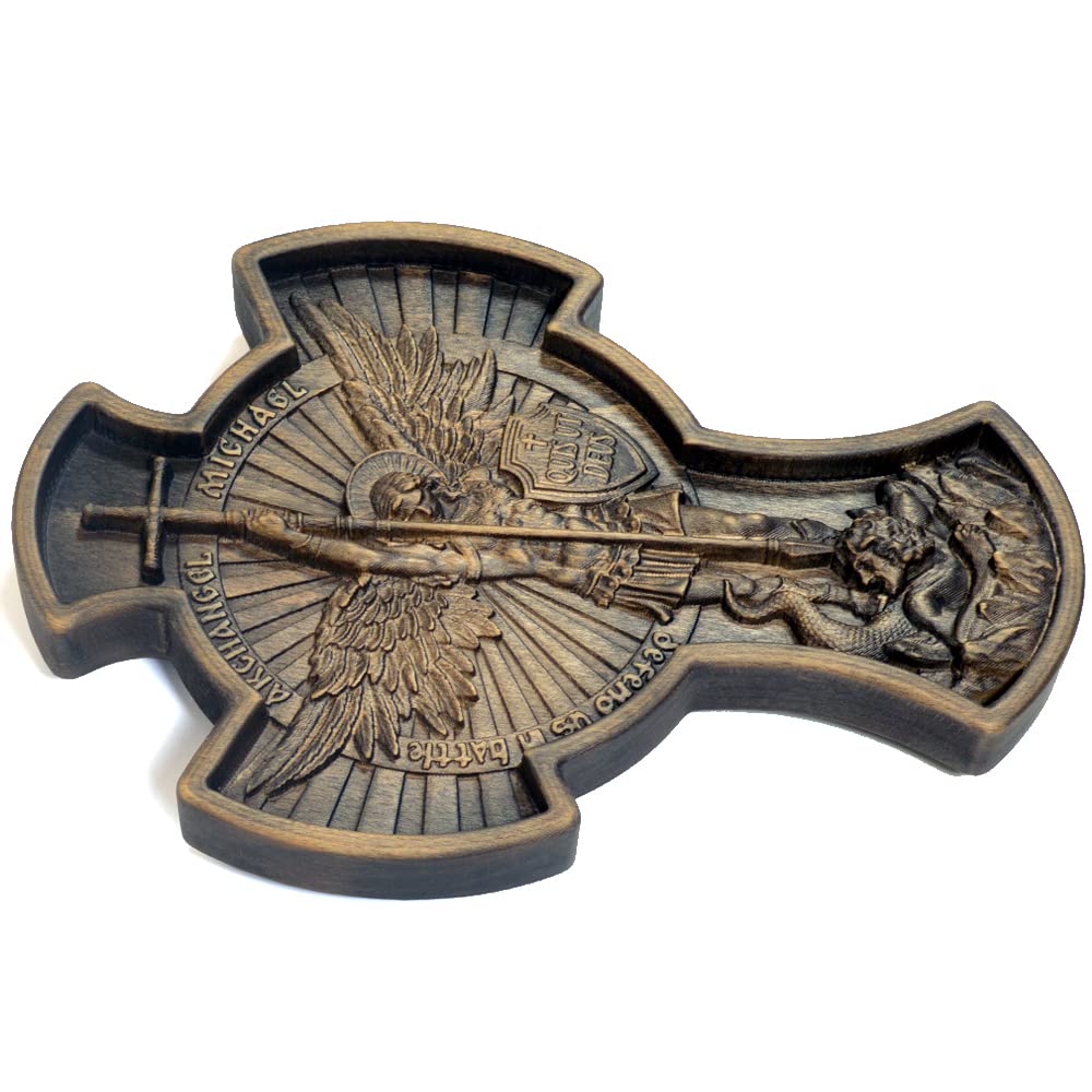 Royal Wooden Collection Wall Cross Keeper Archangel Michael wood carved Hanging Icon. Christian Gift idea for men - Medium Size
