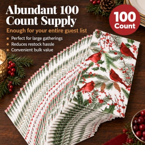 Christmas Cardinal Disposable Paper Napkins 100 Pack for Holiday Parties