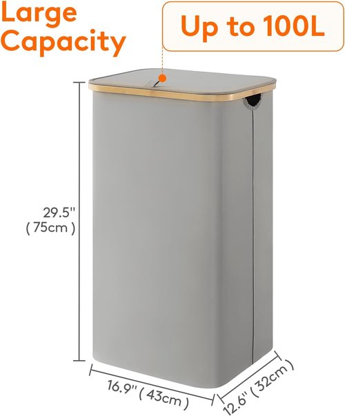 Lifewit 100L Laundry Basket - Foldable Hamper with Lid & Bamboo Handles | Silver Grey