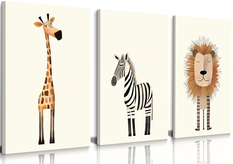 Safari Nursery Wall Art Baby Animal Canvas Wall Decor Cute Giraffe Lion Zebra Jungle Pictures Prints Posters for Baby Boy Girl Children's Room Bedroom Home Decorations 16x24inx3 Framed