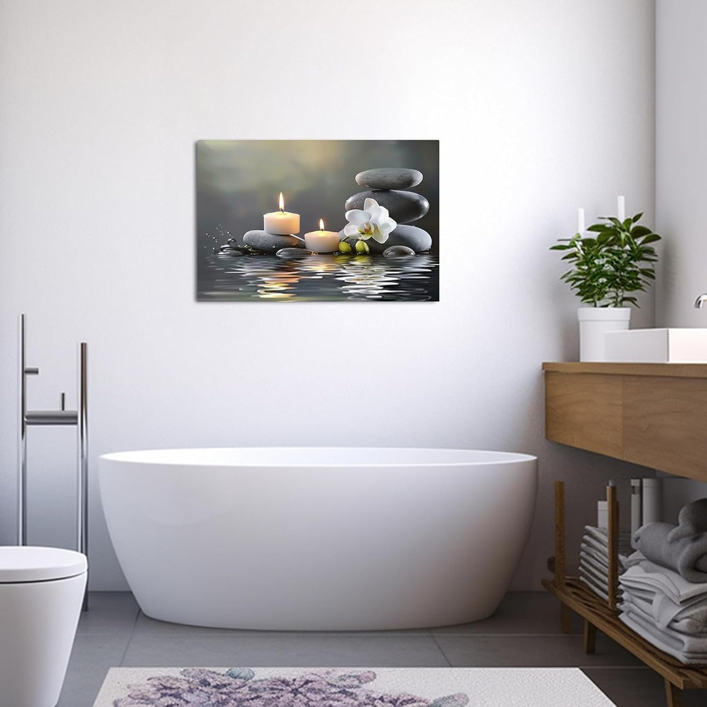 PBXBJY Orchid Flower Wall Art - Zen Stone Canvas Painting for Meditation | 12" x 18" White Decor