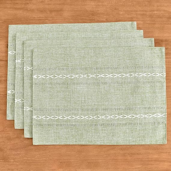 Sage Green Cotton Linen Placemats Set of 6, 12x18 Inch Embroidered Table Mats