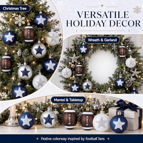 Norme Football Christmas Ornaments Set - Blue & White 2.4 Inch, 12 Pack