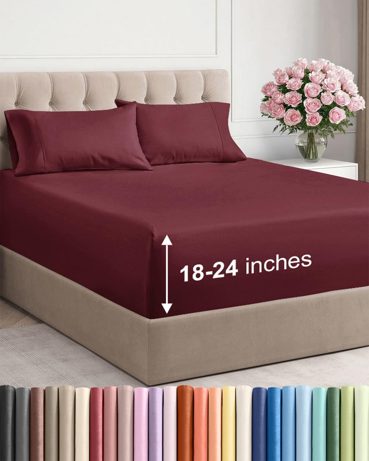Skiennix Extra Deep Twin XL Sheet Set | 4-Piece Breathable Cooling Bedding - Soft & Wrinkle-Free - Burgundy