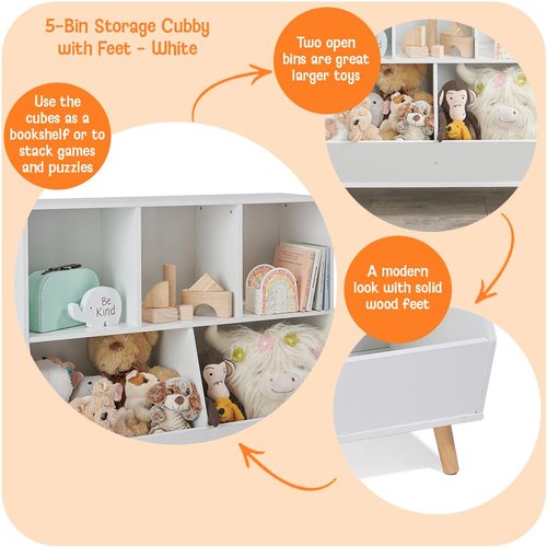 Badger Basket 5-Bin Storage Cubby with Feet - Wooden Organizer for Toys, Books, and Display, with Top Shelf, Cubbies, and Open Bins - Kids’ Room or Playroom Storage Solution - Fresh White