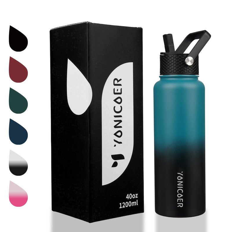 YONICOER Insulated Water Bottle 40oz,Triple Wall Vacuum Stainless Steel(Dishwasher Safe),Leak Proof & Non-BPA,Flask Jug with Paracord Handle & Straw Spout Lids Sports Gradient indigo blue/black