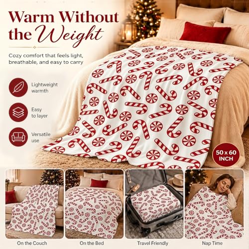 Zzkol Candy Cane Christmas Throw Blanket 50x60in - Red & White Peppermint (Candy Cane Variation)
