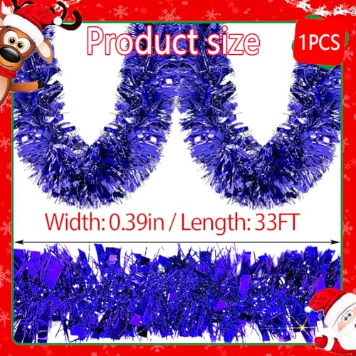 33ft Thick Metallic Blue Tinsel Garland for Christmas Tree and Party Decor