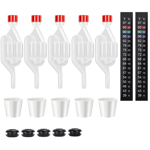 Dbgogo S-Shape Brewing Airlock Kit, 5 Pack Homebrew Airlocks for Fermenting with Airlock Grommets, Carboy Stoppers, CO2 Venting Hole Dust Caps & 2 Brewing Aquarium Thermometer Stickers