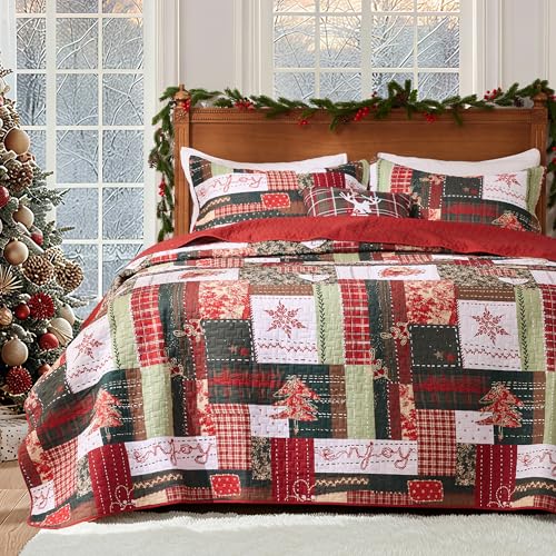 PPOLCA Christmas Queen Quilt Bedding Set - Reversible Patchwork Bedspread, All Season, Forest Green, Queen Size