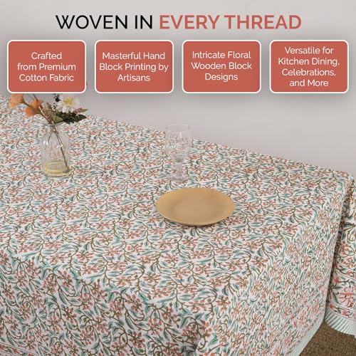 Labhanshi Indian Handblock Floral Cotton Tablecloth 72x108 Inch Pink for 8-Seater Dining