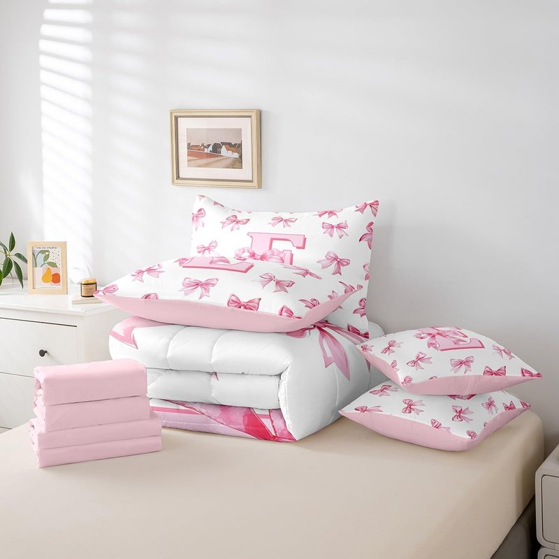 Erosebridal Dreamy Princess Bowknot Girls Bedding Set Kids Pink Initial Letter E Bed in A Bag with Sheets Cute Kawaii Letter Bow Twin Comforter Set 7 Piece Romantic Chic Bowknot Bed Set Room Decor