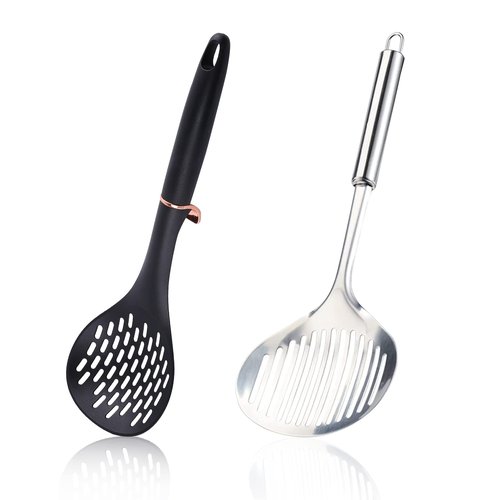 TENTA Kitchen 2pcs Pasta Spoon Kitchen Spoons Spider Strainer Metal Strainer Wok Utensils Spider Skimmer Stainless Steel & Nylon Slottes Spoon, Spatula For Nonstick Pot and Stainless Steel/Iron Wok