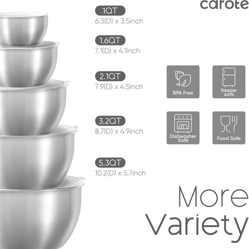 CAROTE Stainless Steel Mixing Bowls Set - 12 Pcs with Airtight Lids & Grater Attachments | Non-Slip Bottoms, Various Sizes