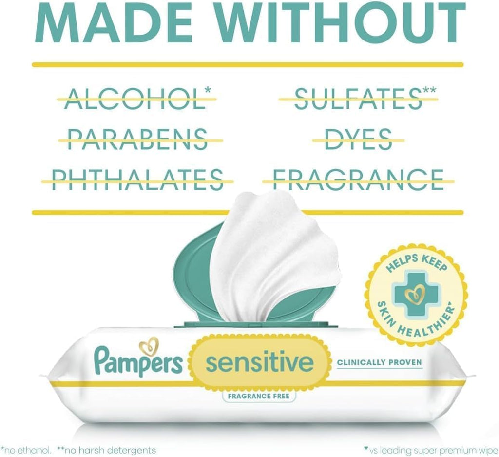 Pampers Sensitive Baby Wipes - Hypoallergenic, Unscented, Water-Based | 18 Flip-Top Packs (1008 Wipes)