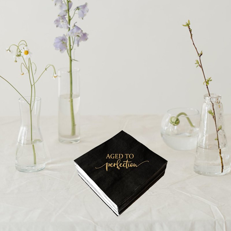 Aged to Perfection Birthday Party Disposable Paper Napkins 3-ply Gold Foil and Black Beverage Napkins for Happy Birthday Party Decorations Retirement Cocktail Napkins
