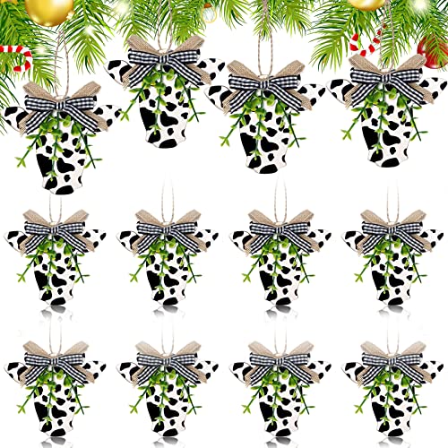 Cow Print Christmas Ornaments Set - 12 Wooden Holiday Decorations with Bows, Black