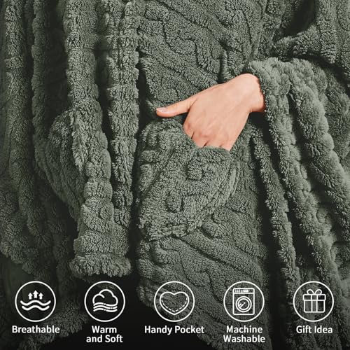 Wearable Blanket Poncho with Pockets, Soft Sherpa Fleece Shawl Wrap