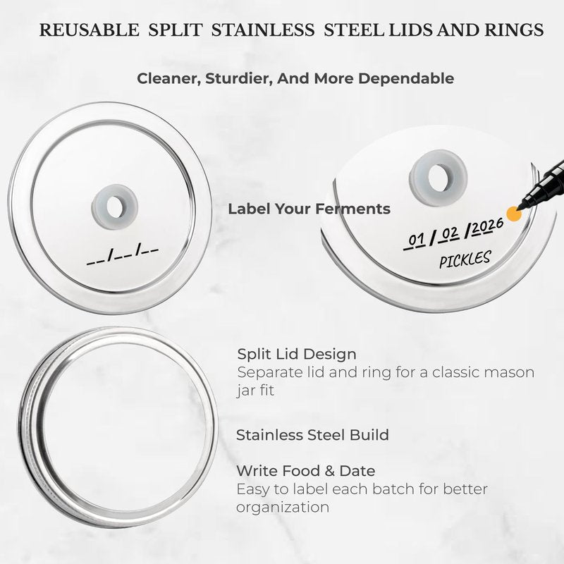 Jillmo Fermentation Lids for Wide Mouth Mason Jars, Stainless Steel Auto Venting Fermenting Lid Kit with Airlocks & Silicone Grommets for Pickles, Kimchi & Sauerkraut, 4 Pack, No Jars Included
