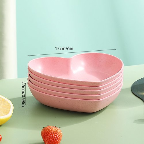 INCAUCA 5 Pack 6 Inch Heart Shape Mini Dipping Sauces Bowls, Unbreakable Wheat Straw Small Snack Dessert Dishes, Salad Plates for Sushi Side Dish Fruit Appetizer Cake, Pink