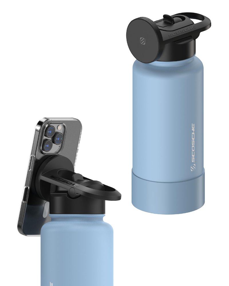 Scosche MFMS32 MagicMount Flask 32 oz Stainless Steel Water Bottle with MagSafe Phone Mount Stand, 12H Hot & 24H Cold, Insulated Flask with Magnetic Phone Holder for Gym, Travel, Sports, 32oz, Blue