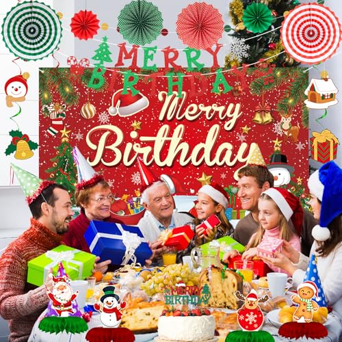 Roetyce Red Merry Birthday Christmas Party Banner – 70.8" Backdrop 5.9 ft