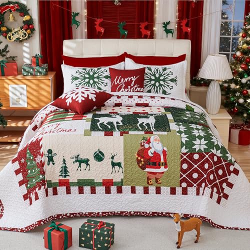 King Size 5-Piece Christmas Quilt Set Reversible Santa Reindeer Snowflake Bedding