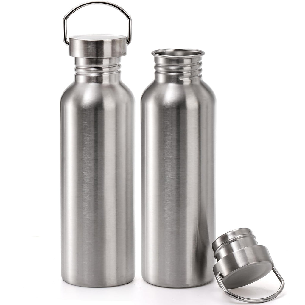 Yopay 2 Pack Stainless Steel Sports Water Bottles, 26OZ Single Walled 18/8 Stainless Steel Water Bottle with Handle, Uninsulate Metal Water Bottle for Cyclists, Runners, Hikers, Beach Goers, Picnics
