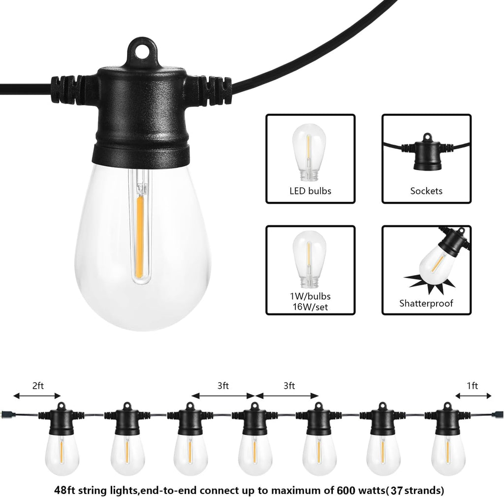 SUNTHIN Outdoor String Lights - 48FT Patio Lights with 16 Shatterproof LED Bulbs for Garden & Party