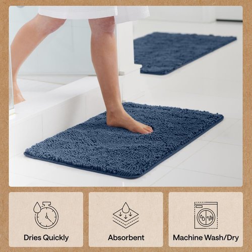 GORILLA GRIP Bath Rug Mat - Soft Absorbent Chenille | Quick-Dry Microfiber, 70x24 Navy Blue