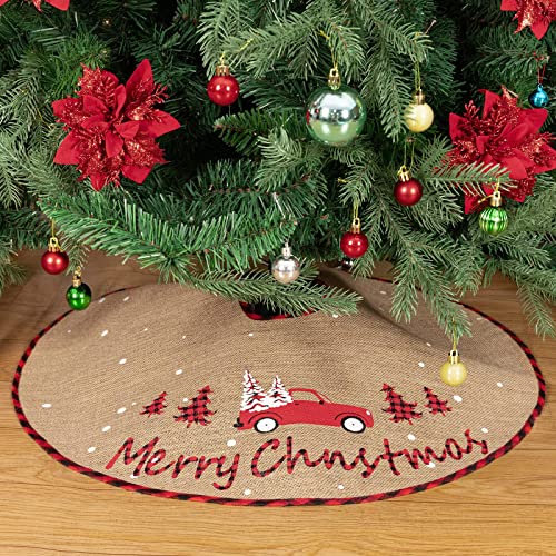 N&T NIETING Red Truck Burlap Christmas Tree Skirt 30 Inch – Rustic Letter Print