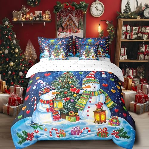 Castle Fairy Blue Snowman Bedding Set for Twin Size Kids Room Christmas Decor