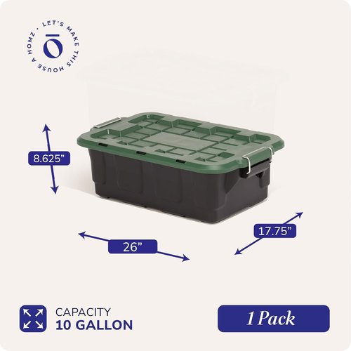 HOMZ 10-Gallon Stackable Storage Bins - Durable Plastic Containers with Lids & Latching Handles | Black/Green (2 Pack)