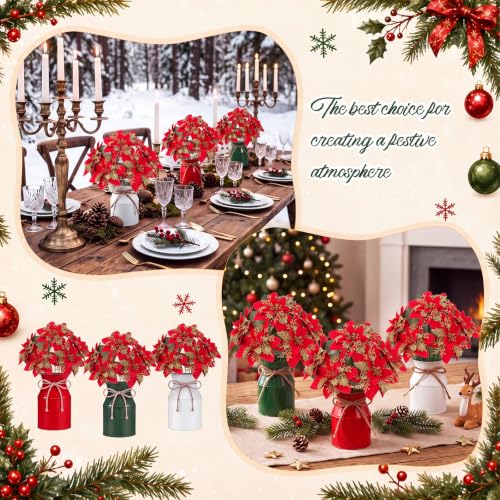 Christmas Poinsettia Centerpiece Set with Metal Jars - 6 Red & Gold Glitter Artificial Flowers for Holiday Decor