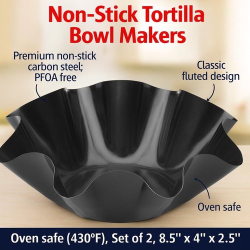 HIC Kitchen Non-Stick Tortilla Bowl Makers - PFOA Free Carbon Steel | Set of 2, 8.5 x 2.5 Inches