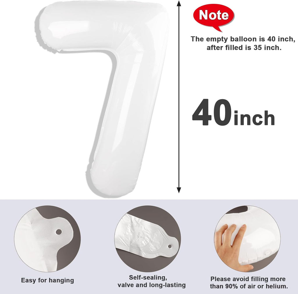Number 7 Balloon - 40 Inch White Birthday Decoration for 7th, 17th, 27th & 70th Celebrations