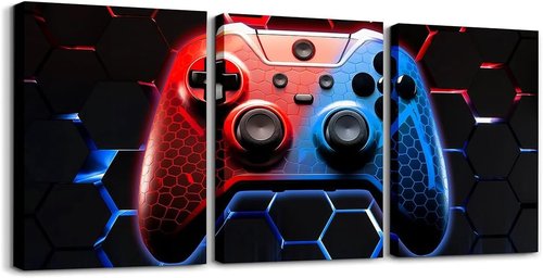 Manfei Games Canvas Wall Art - Set of 3 Honeycomb Gamepad Prints | Red & Blue Gamer Decor for Kids' Rooms