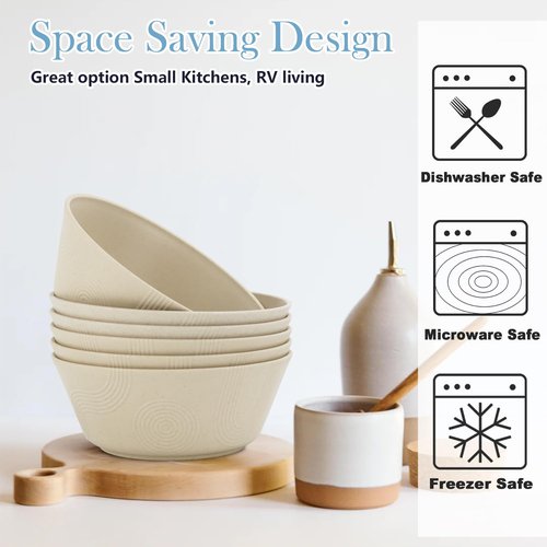 PYRMONT 36 OZ Cereal Bowls Wheat Straw Bowls Set of 6 - Alternative for Plastic Bowls Reusable Soup Bowls Microwave & Dishwasher Safe Unbreakable Bowls Kitchen for Cereal,Salad, Rice,Ramen - Beige