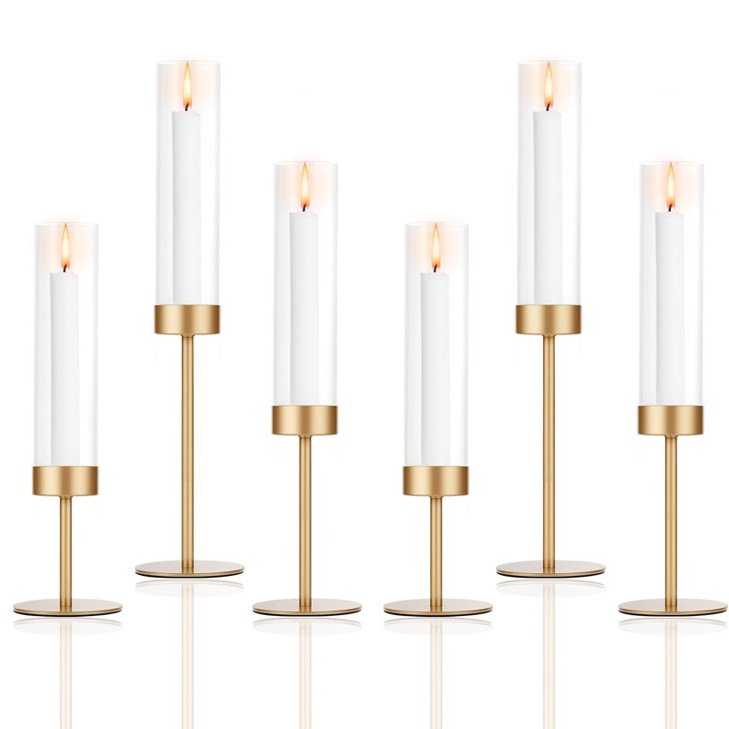 POKINE Set of 6 Gold Candle Holders, Tall Hurricane Candlestick Holders with Glass for Taper and Pillar Candles, Home Decor for Wedding, Christmas, Party, Anniversary, Dining Table