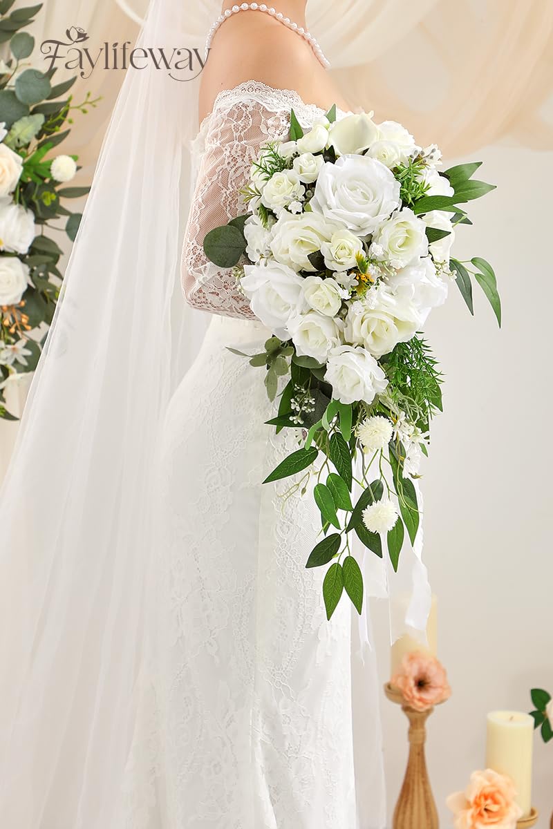 Faylifeway Wedding Bouquets for Bride, White Cascading Bridal Bouquet Artificial Flowers，9.8 Inch Bride Bouquets for Wedding Decoration, Boho Ceremony,Church, Anniversary Decor
