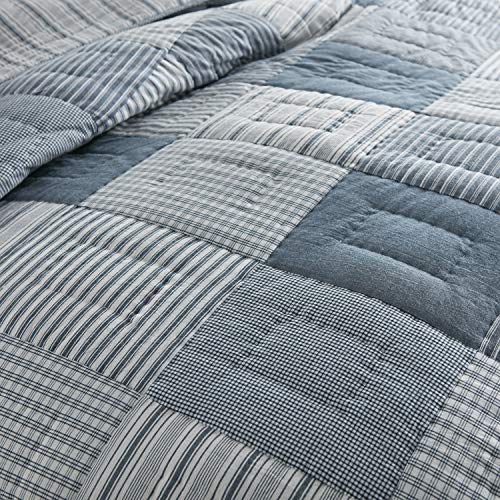 Twin Size Reversible Cotton Patchwork Quilt - Blue Farmhouse Design