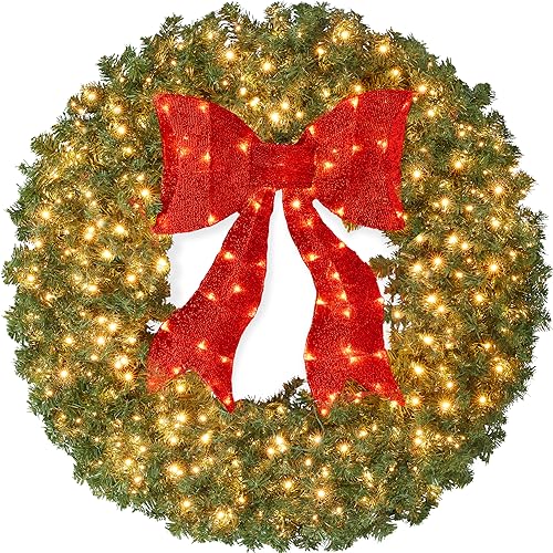 48in Artificial Pre-Lit Fir Christmas Wreath with Red Bow & 250 LED Lights - Green Spruce