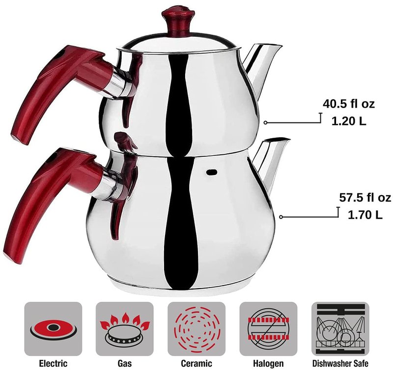 DESTALYA Turkish Teapot Set | Stainless Steel Double Tea Pots for Stove Top | Tea Maker with Strainer | Samovar Tea Kettle, Water Heater (Midi with Red Handles)